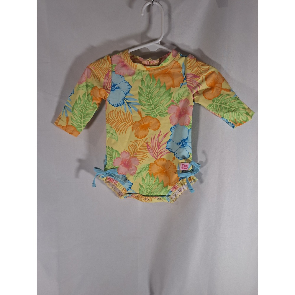 RuffleButts‎ Baby Girls Yellow Tropical Floral Rash Guard Swimsuit 3-6M